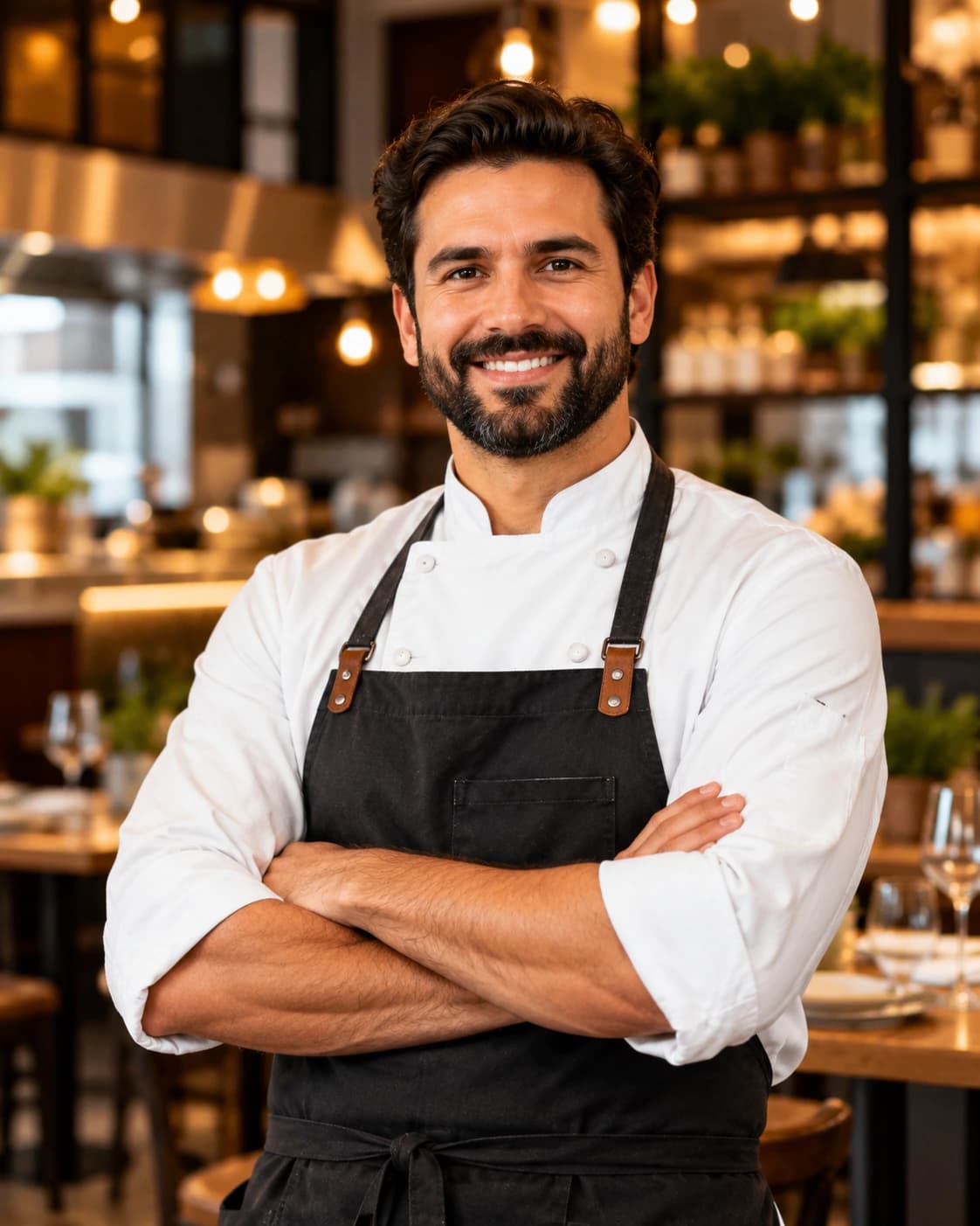 Chefe de cozinha, de braços cruzados, no restaurante
